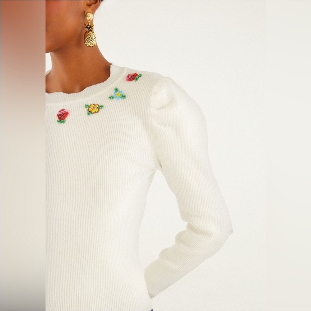 Farm Rio: Off-White Flower Embroidery Knit Top - Picture 2 of 12